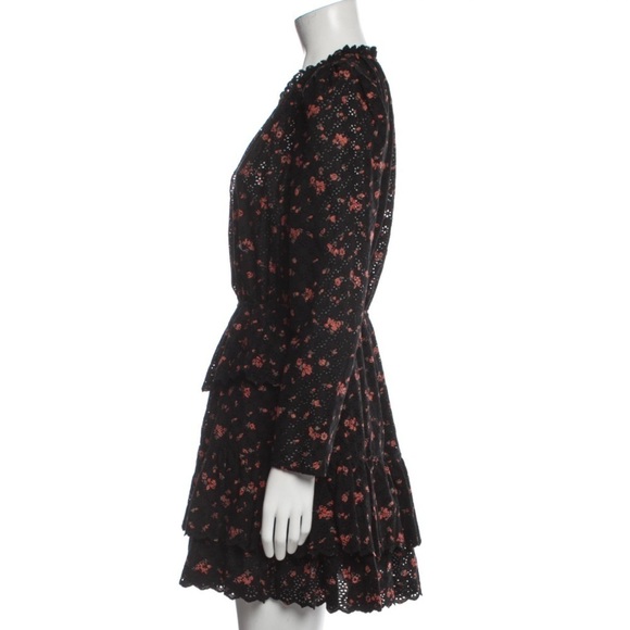 Ulla Johnson- Black and Red Eyelet Lace Floral Longsleeve Ruffle Mini Dress - Picture 1 of 7